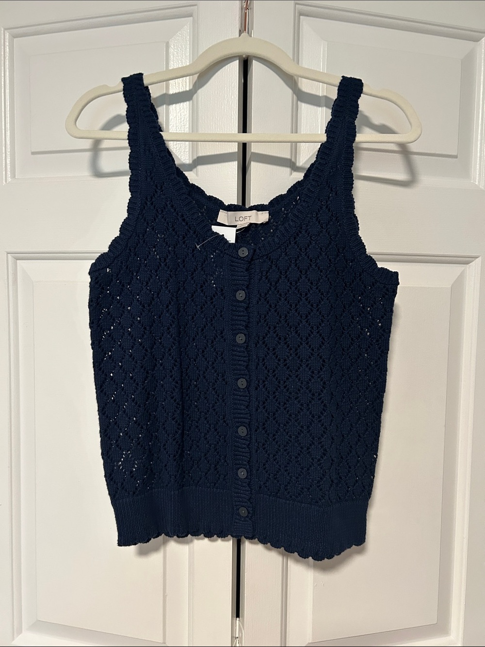 LOFT Navy Crochet Button-Front Blouse